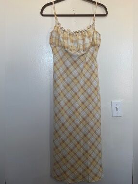 Yellow Plaid Midi Slip Dress with Ruffle Neckline